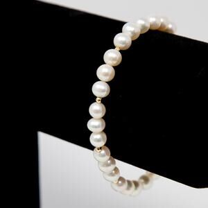 14K Signed 585 Real Solid Gold Natural Freshwater Pearl Beaded Bracelet 7" 7mm
